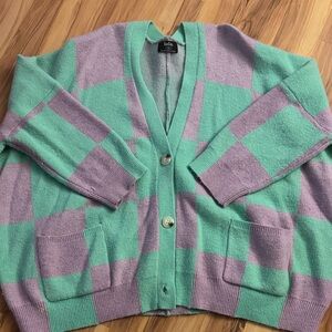 Dressed in LALA Mint Green and Lavender Checkered Cardigan